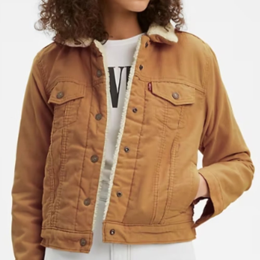 Levis Original Corduroy Sherpa Trucker Jacket, Women's "Chai Tea" Brown, Large